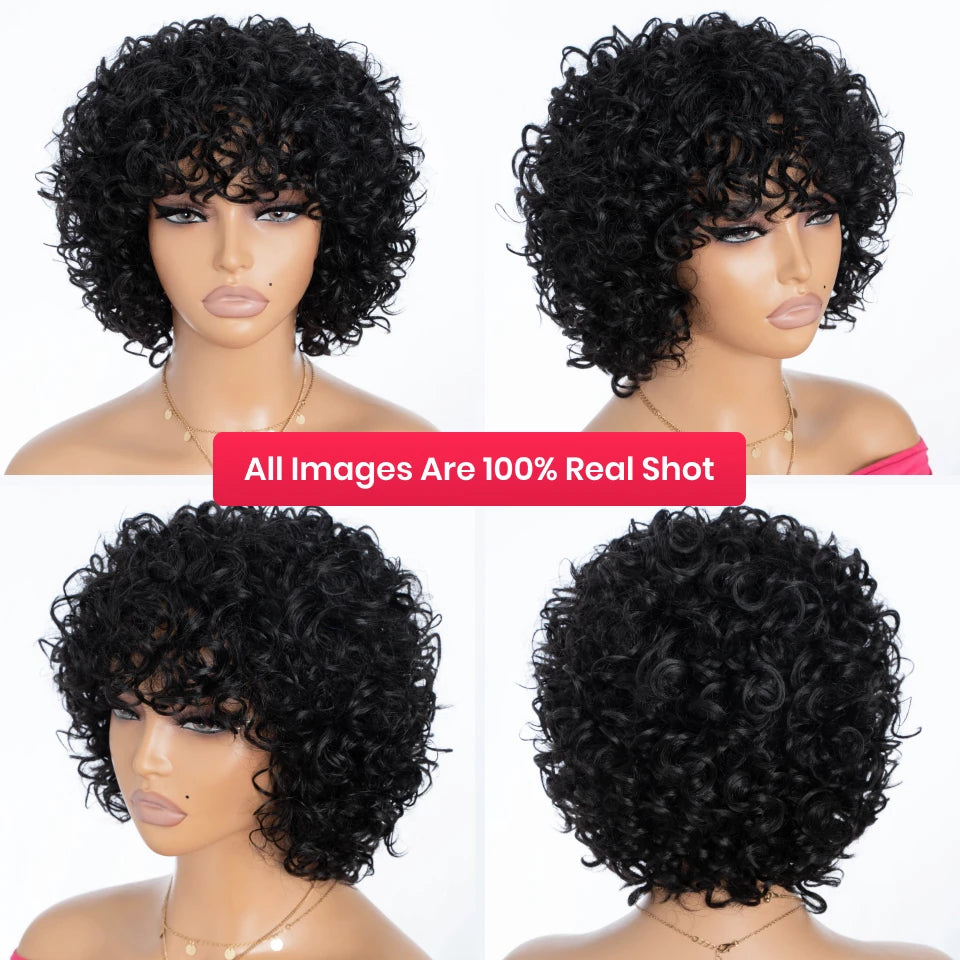 Short Curly Bob Wigs Human Hair Full Machine Made Wig Natural Black Glueless Wigs Human Hair 10 Inch Pixie Cut Short Bob Wigs