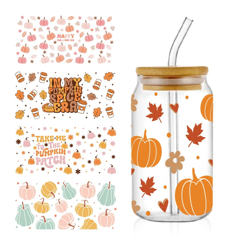 Thanksgiving Day Fall UV DTF Cup Wraps Transfer Sticker For 16OZ Glass Libbey Can Bottle Selfadhesive Washable DIY Custom D4365