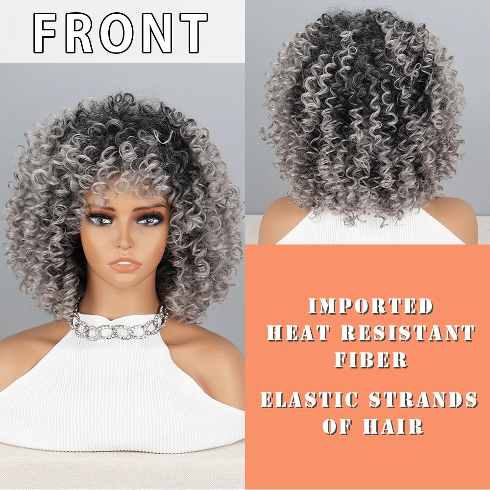 Synthetic High Heat Resistant Material  Afro Kinky Curly Wigs With Bangs For  Silver Gray Wig Cosplay Heat Resistant Fiber